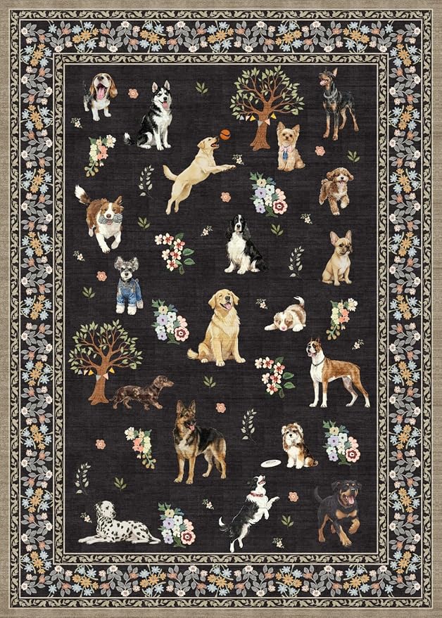 Area Rug 4x6 Black Dog Rug, Washable Rugs Non Slip Low Pile Floral Dog Small - Image 7
