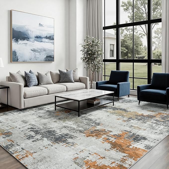 Area Rug 10x12 Living Room Rug Washable: No-Slip Abstract Soft Thin Large Grey - Image 3