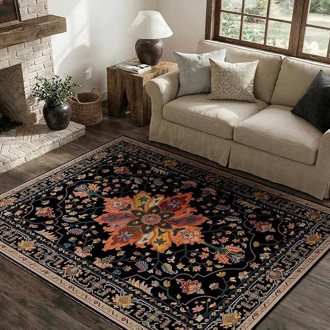 RELEANY Area Rugs 4'x6' Washable Non-Slip, Floral Vintage Distress Medallion by RELEANY