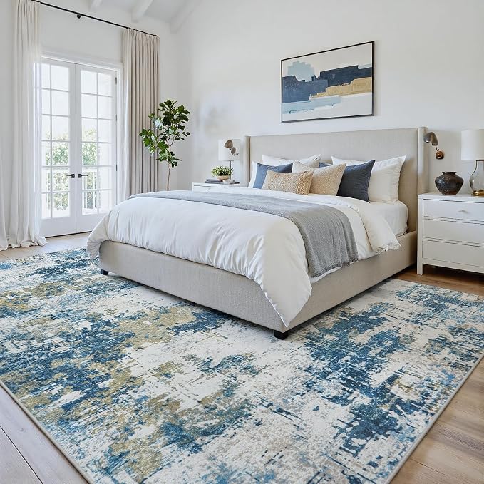 Area Rug 6x9 Living Room Rug Washable: No-Slip Abstract Soft Thin Large Blue - Image 5