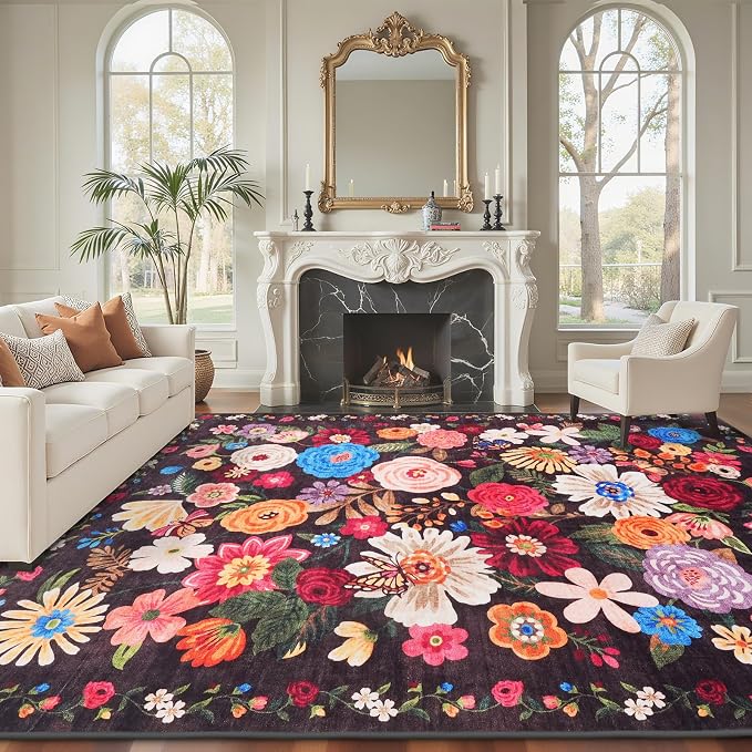 Area Rug 4x6 Espresso, Washable Boho Rugs Non Slip Low Pile Floral Small Carpet - Image 3
