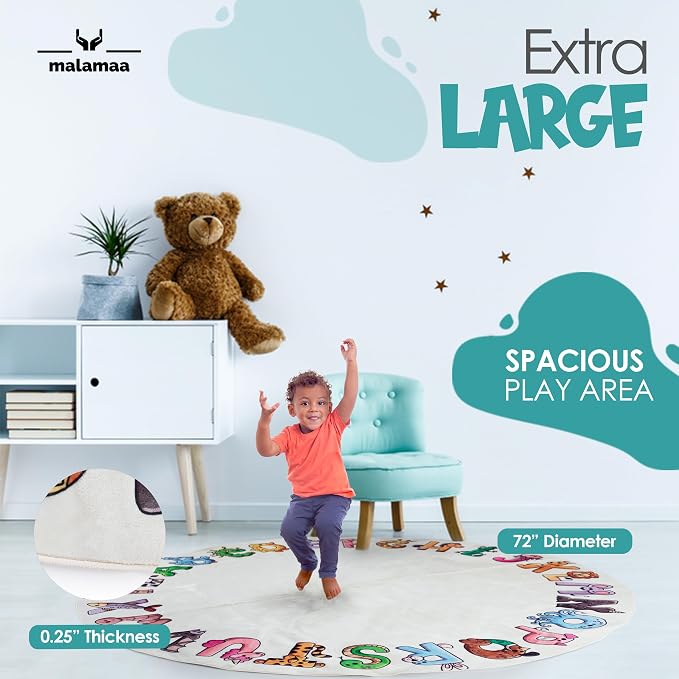 ABC Alphabet Rug for Kids – 6 ft Round White Play Mat for Toddlers & Babies - Image 3