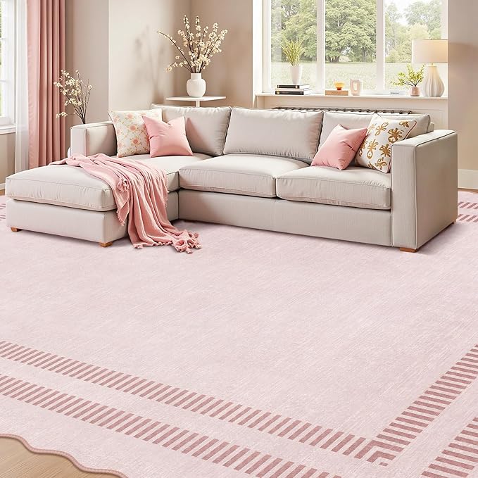 Pink Rugs for Living Room 9x12, Machine Washable Scalloped Area Rugs for - Image 8