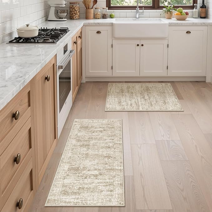 Washable Kitchen Rugs Sets of 2 Piece, Hallway Runner Rug Non-Slip by Restydon