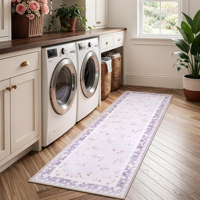 LIVEBOX Washable Lavender Bathroom Rugs Runner 2x6, Floral Hallway Rug Runner - Image 3