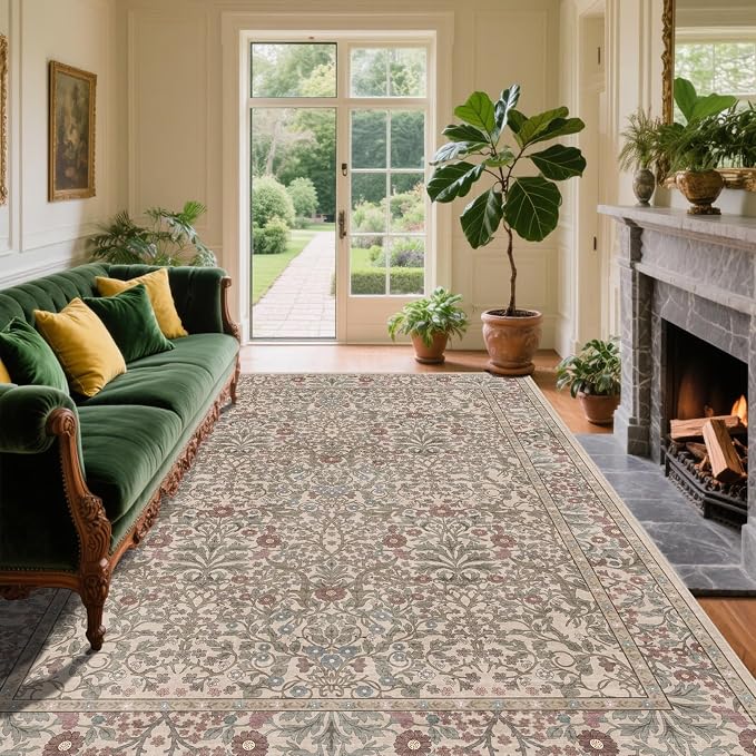 Vintage Moss Living Room Rug, 5x7 Washable Area Rugs - Image 3