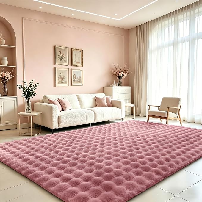 Dusty Rose Rabbit Plush Rug 8'x10', Fluffy Faux Fur Shaggy Area Rug by CHOVY