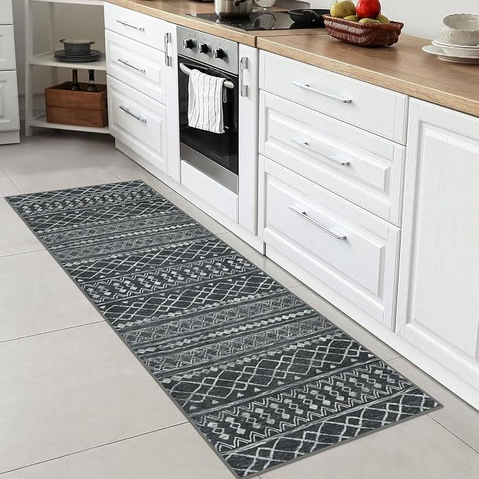 KUTA 2x6 Washable Runner Rug Non-Slip, Dark Grey Beige Moroccan Boho Rug Runner - Image 2