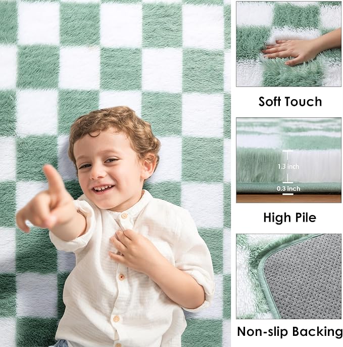 KICMOR Rugs for Bedroom Living Room, 3x5 Fluffy Soft Checkered Shag Area Rug - Image 2
