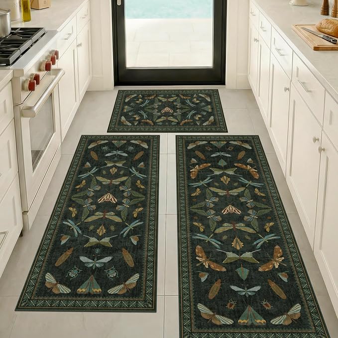 JTJ Botanical Insect Kitchen Rug Set of 3, Dark Green Nature Inspired Floor Mats - Image 6