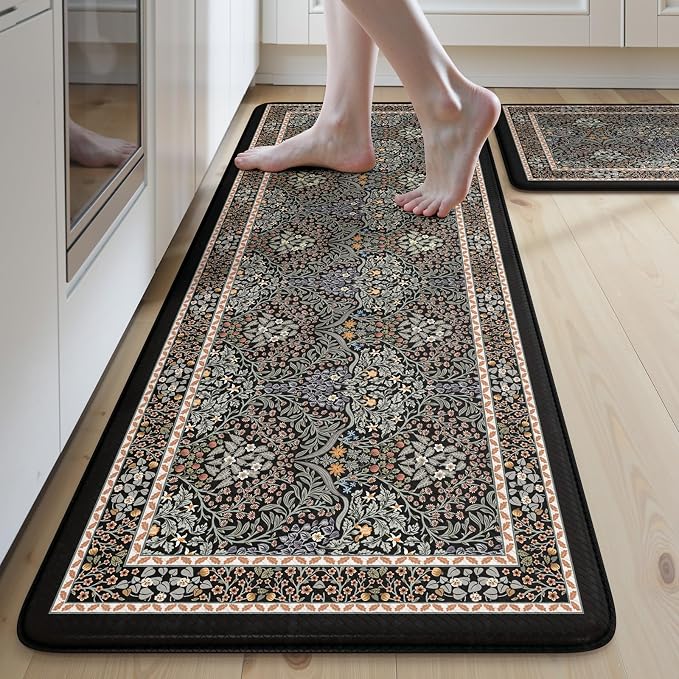 Collive Kitchen Mats for Floor, Cushioned Anti Fatigue Mat Floral Rugs 2 Piece by Collive