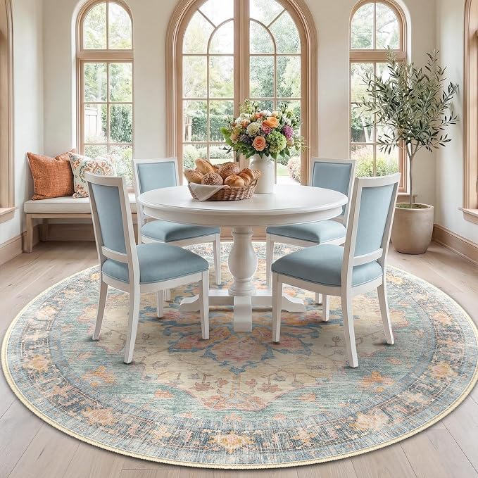 RELEANY Area Rugs Round 7ft Washable Non-Slip, Floral Vintage Distress by RELEANY