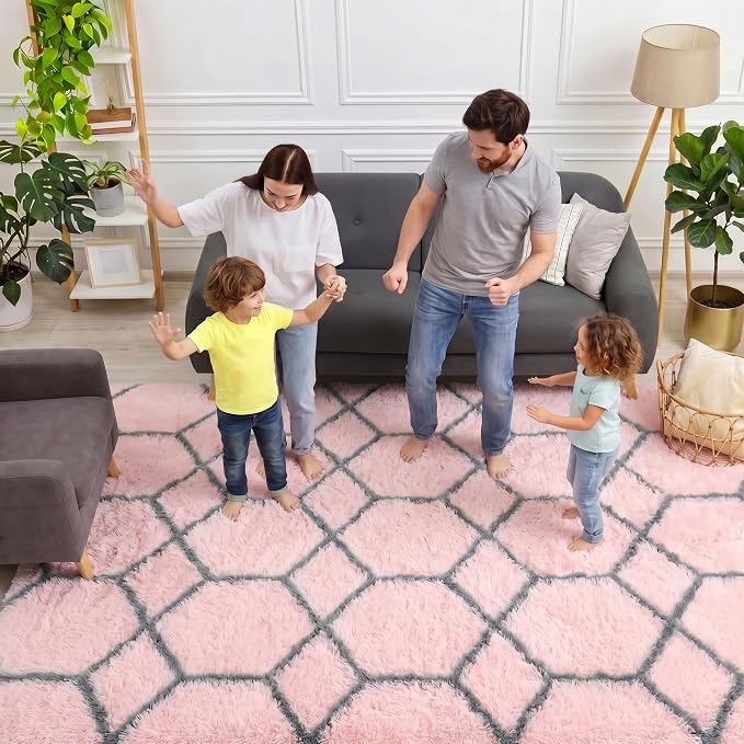 ONASAR 7x9 Area Rugs for Living Room Bedroom, Large Fluffy Pink and Grey Throw - Image 3
