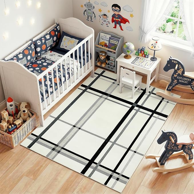 Terrug Plaid Area Rug for Bedroom, Soft Low Pile Stain Resistance Abstract - Image 3