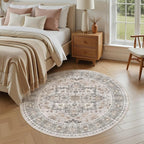 8ft Round Area Rug: Washable Vintage Neutral Soft Non Slip Thin Large Floor - Image 2