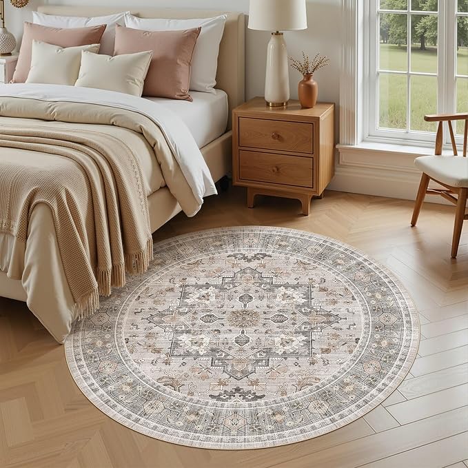 8ft Round Area Rug: Washable Vintage Neutral Soft Non Slip Thin Large Floor - Image 2