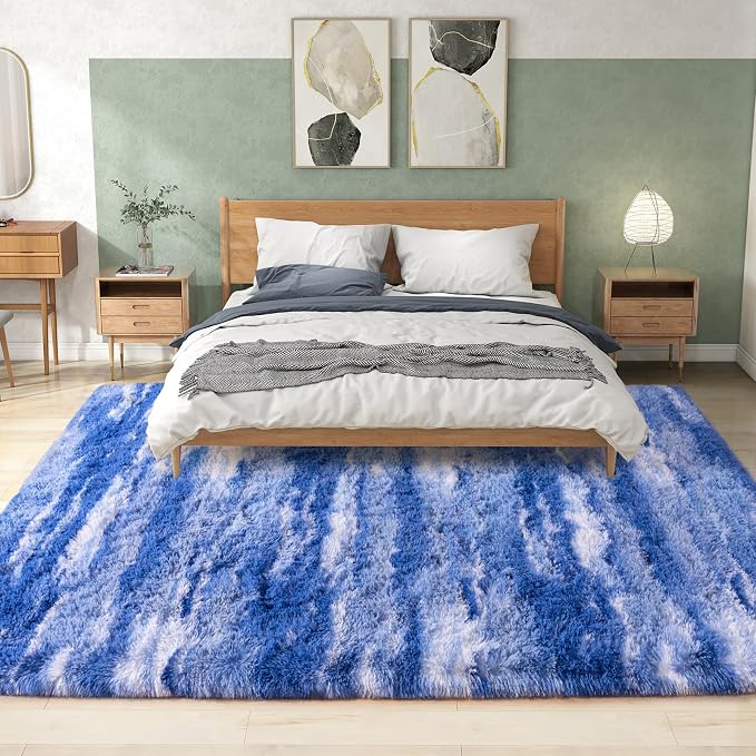 Shag Rugs for Living Room 9x12, Ultra Soft Abstract Blue Big Fuzzy Rugs for - Image 4