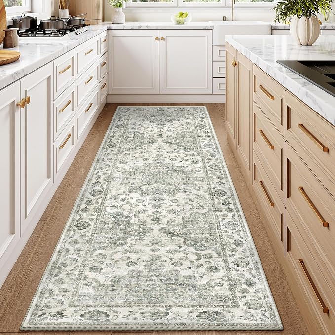2x6 Washable Neutral Runner Rug Green Vintage Hallway Kitchen Carpet Non-Slip - Image 2