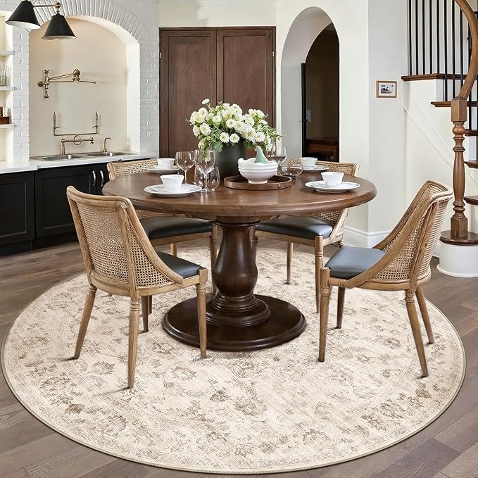 8x8 Washable Neutral Round Rug Beige Vintage Living Room Bedroom Circle Rug - Image 3