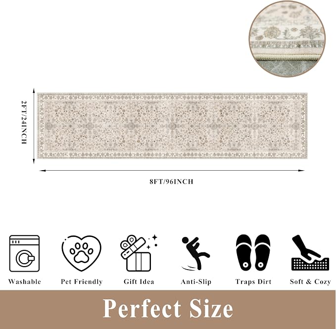 2x8ft Kitchen Runners Rugs Non Skid Washable – Boho Floral Stain-Resistant - Image 2