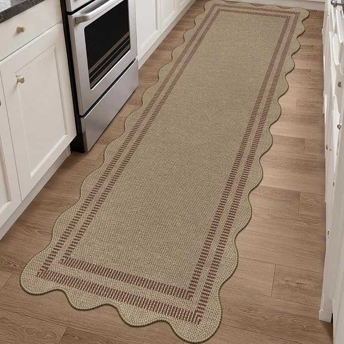 Scalloped Easy Jute 2.6x8 Kitchen Runner Rug, Washable Rugs by LORWER