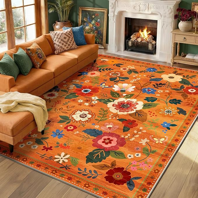 RELEANY Floral 8x10 Area Rugs Washable Print Boho Cute Carpet Non Slip Flower by RELEANY