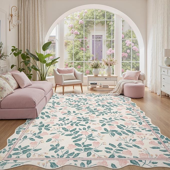 DCX Pink Botanical 5x7 Rug, Machine Washable Non Slip Stain Resistant Carpet by DCXWashableRug