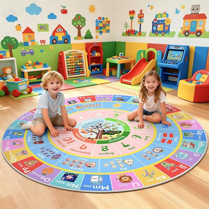 ABC Kids Rug for Playroom, 6ft Round Alphabet Small Classroom Rug, Non-Slip by GRAMBET