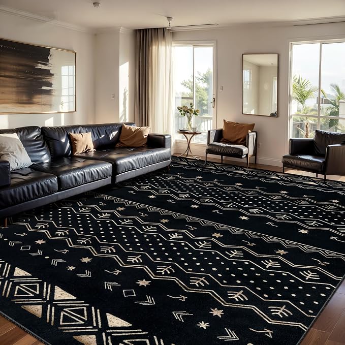 SERISSA 8x10 Area Rugs for Living Room, Washable Non-Slip Black Gold Grad Boho by SERISSAHomeDecorCollection