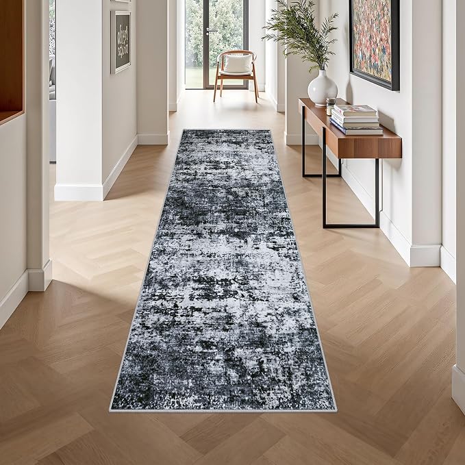 2.6'x10' Runner Rug Washable Rug: Modern Abstract Soft Thin Runner Rug Black - Image 4