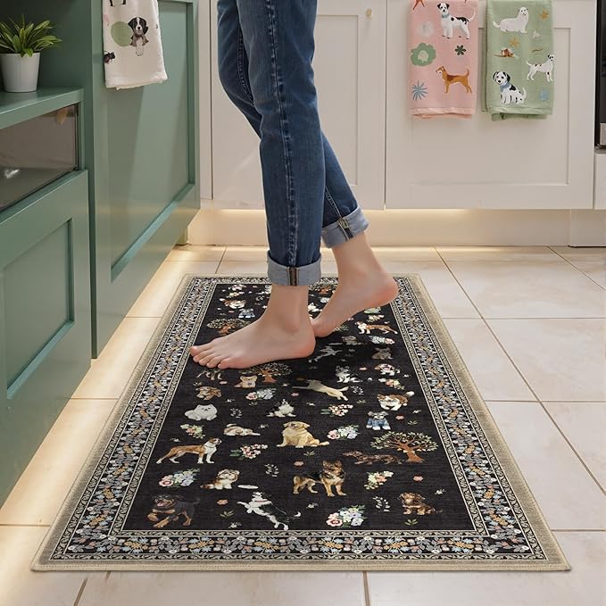 Black Floral Dog Rug Runner, 2x5 Washable Kitchen Mat Ultra-Thin Soft, Non-Slip by WelcometoBabovid