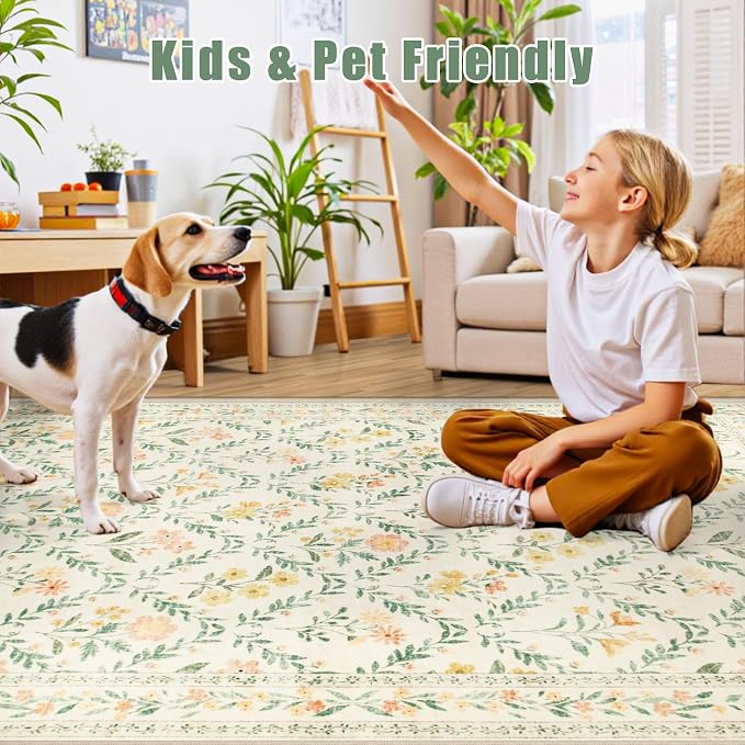 Area Rug Living Room Rugs: Floral 5x7 Washable Rug Vintage Soft Boho Non-Slip - Image 8