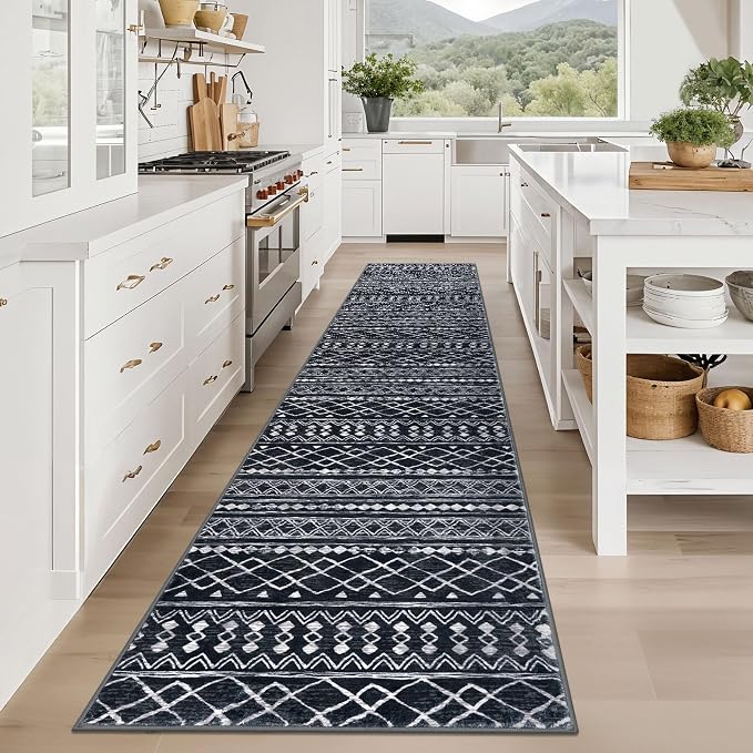 KUTA Hallway Runner Rug 2.6x12 Non-Slip Washable, Moroccan Vintage Black Boho - Image 2