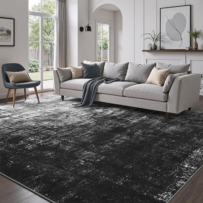DCX Abstract Area Rug 9x12, Washable Black Modern Rug - Image 2
