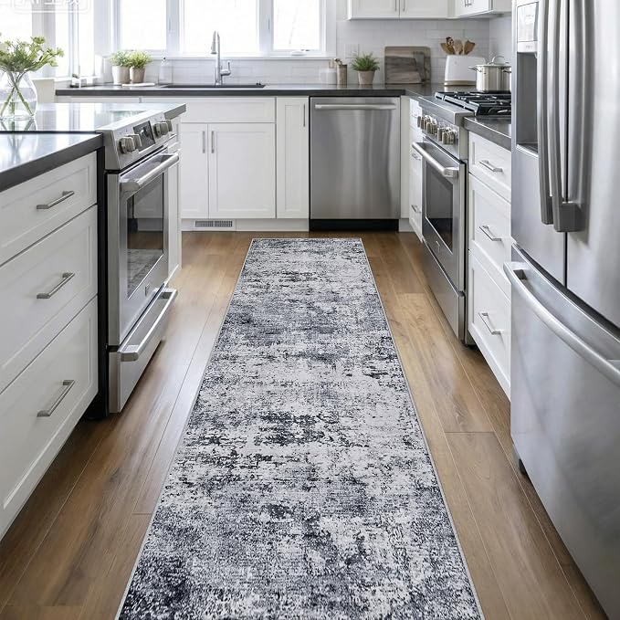 2.6'x14' Runner Rug Washable Rug: Modern Abstract Soft Thin Runner Rug Grey by FXRHLP