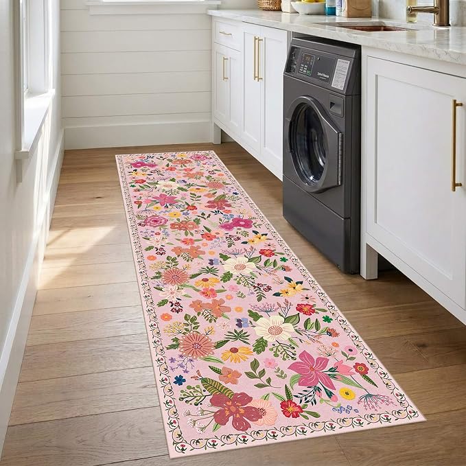 Latte&Fog Pink Washable Hallway Runner Rug 2.6x8, Non Slip Floral Runner Rug - Image 4