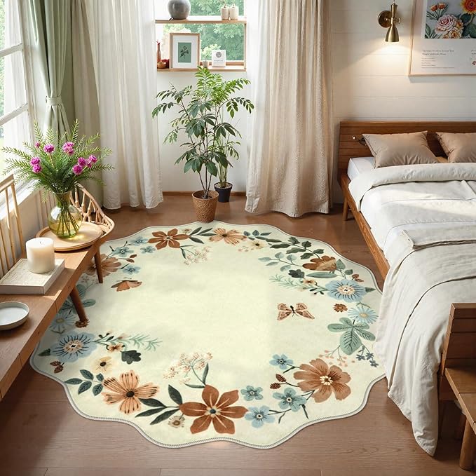 Lahome Floral Washable Round Rugs, Non-Slip Soft Round Rug 4ft Ultra-Thin - Image 3