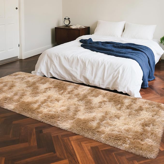 2x8 ft Plush High Pile Khaki Tie Dyed Rug Fluffy Soft Runner Bedside Rug - Image 4