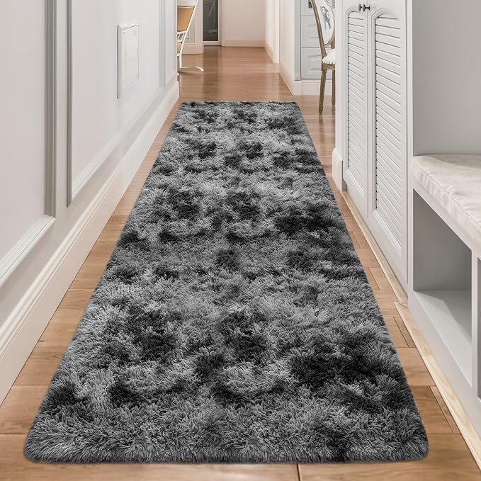 3x10ft Plush High Pile Black Tie-Dyed Rug Fluffy Soft Runner Bedside Rug by TENNOLA