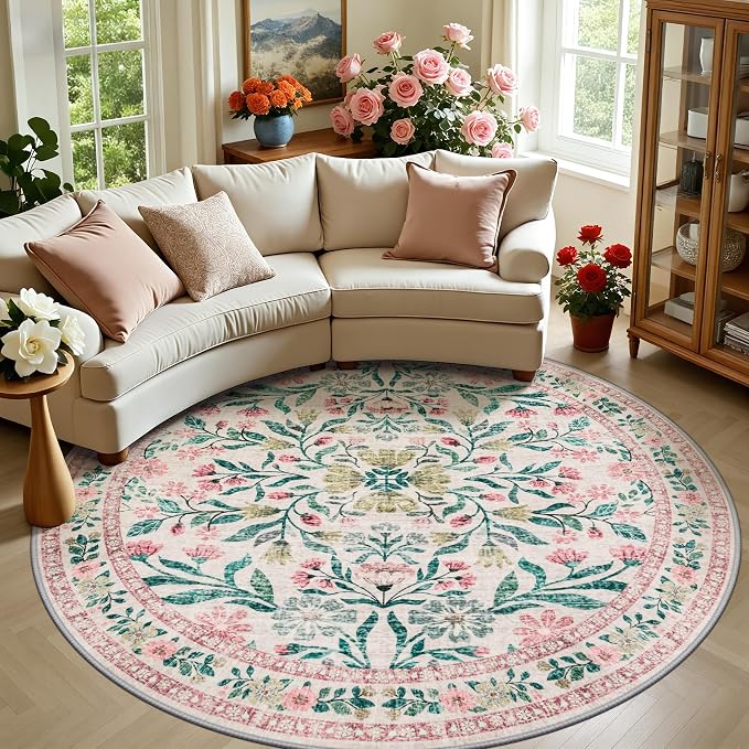 Round Area Rug for Living Room: 8 ft Floral Washable Circle Rug Soft Boho by PLHXFRSoftAreaRugs