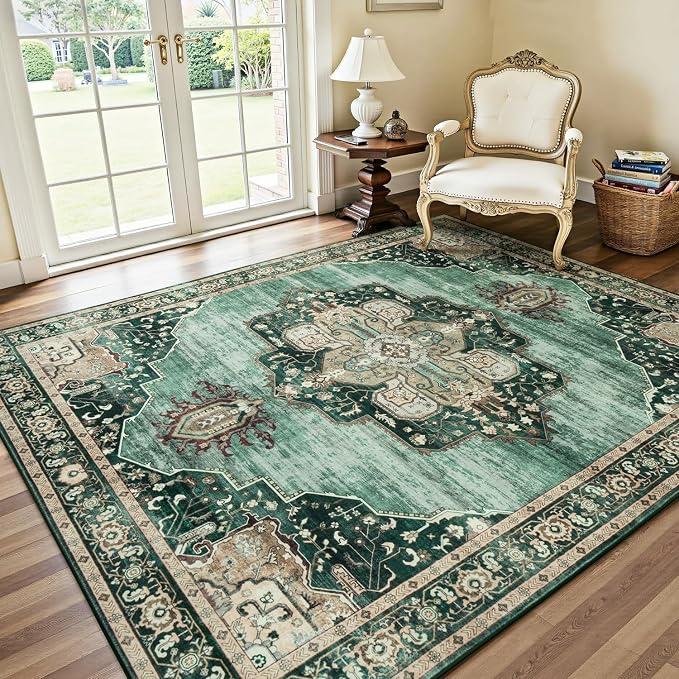 Lofus 5x7 Emerald Green Washable Rugs Non-Slip, Vintage Floral Area Rug by Lofus