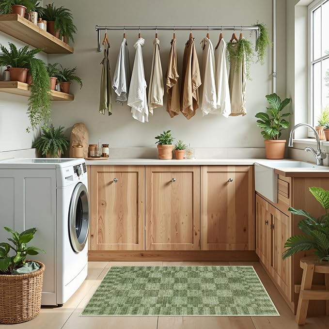 GarveeHome Moss Green Checkered Rug 2x3 Washable Rug Non-Slip - Image 2
