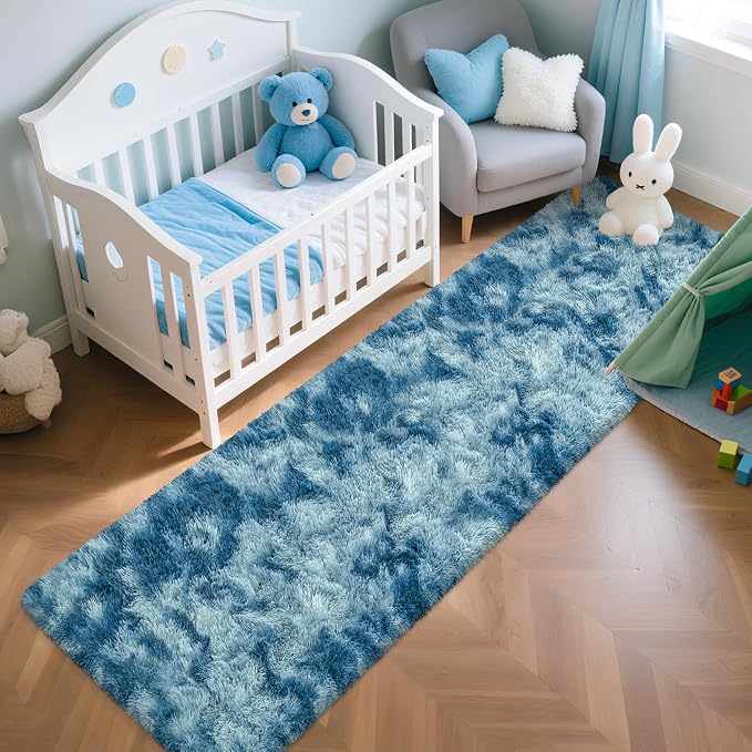 2x8 ft Plush High Pile Blue Tie-Dyed Rug Fluffy Soft Runner Bedside Rug - Image 4