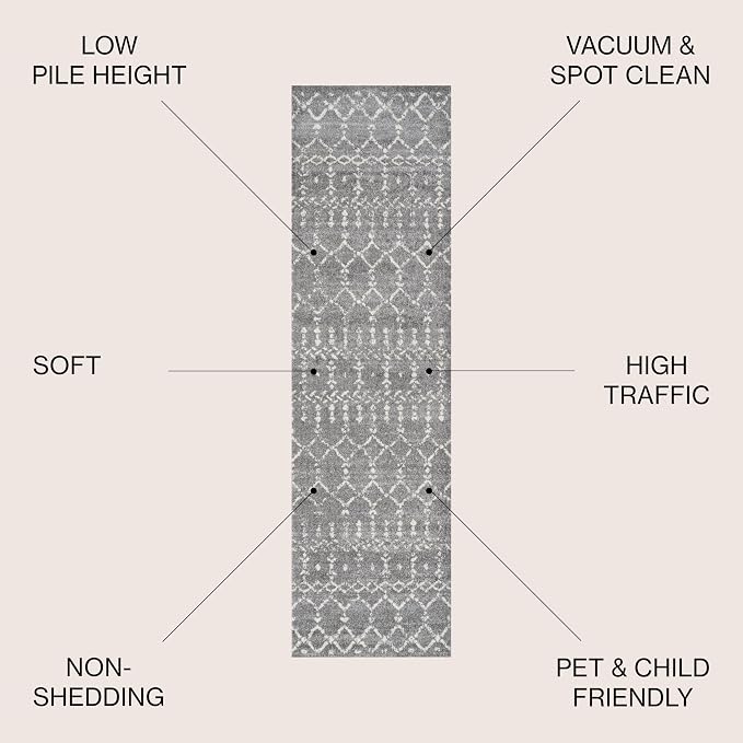 JONATHAN Y Boho Vintage Diamond Gray/Ivory Runner Rug 2X8 ft, Moroccan Hype - Image 2