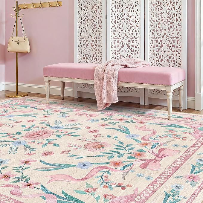 Coquette Pink Bow Rug 5x7, Washable Floral Area Rug - Image 2