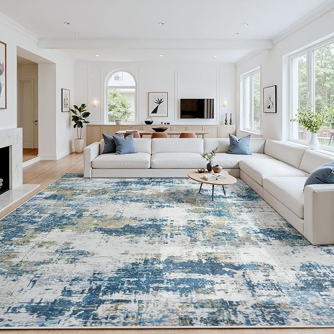 Area Rug 8x10 Living Room Rug Washable: No-Slip Abstract Soft Thin Large Blue by Oriannal