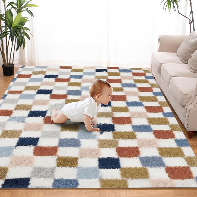 Super Soft Rug for Bedroom, 8x10 Ft Rainbow Area Rug Classic Checkered Shaggy - Image 4
