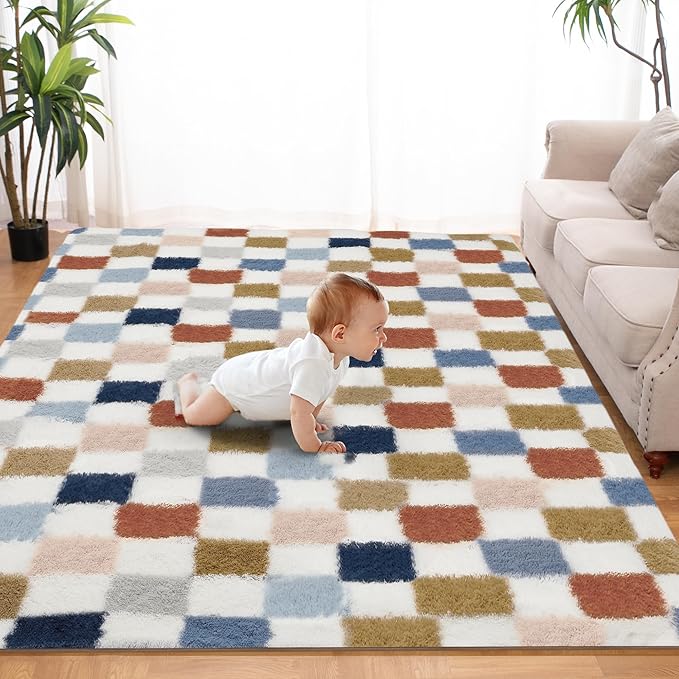 Super Soft Rug for Bedroom, 6x9 Ft Rainbow Area Rug Classic Checkered Shaggy by TOOHUB