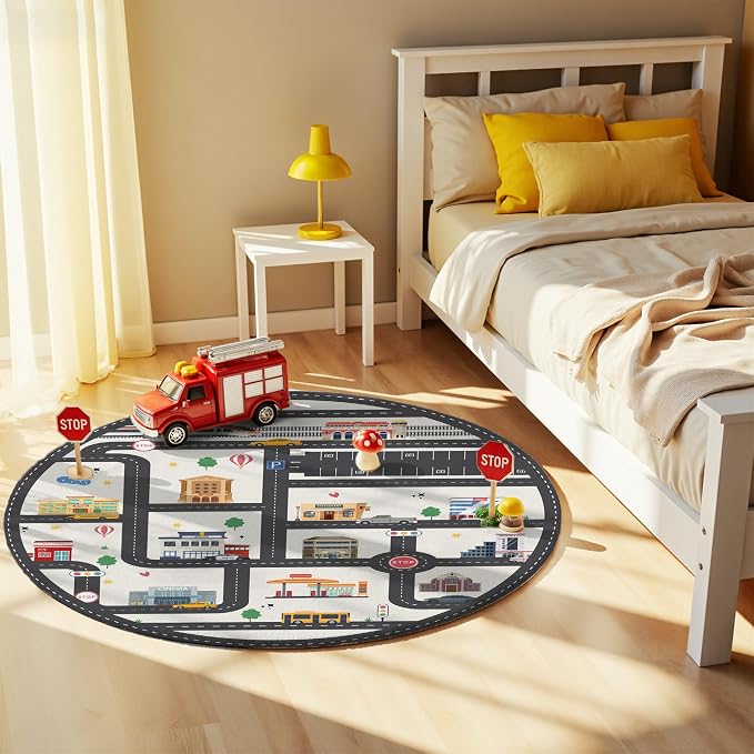 3.3ft Round Kids City Road Car Play Rug - Image 3