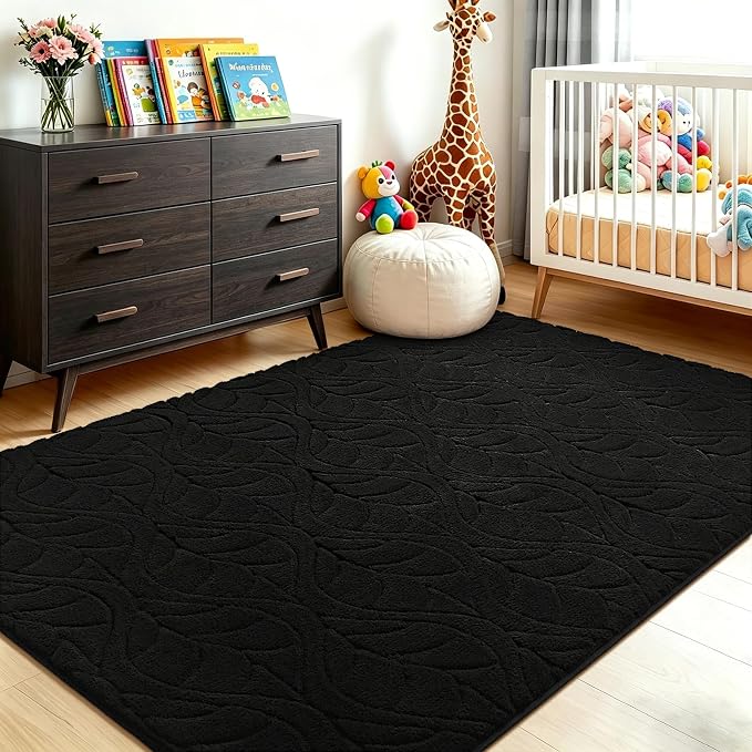 6x9 Black Washable Area Rug for Bedroom Living Room, Leaf Geometric Patter Shag - Image 5